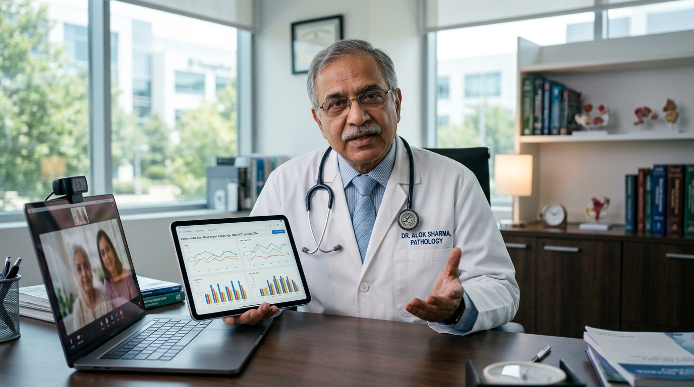 Senior MD Clinical Pathologist Reviewing Diagnostic Lab Reports Online